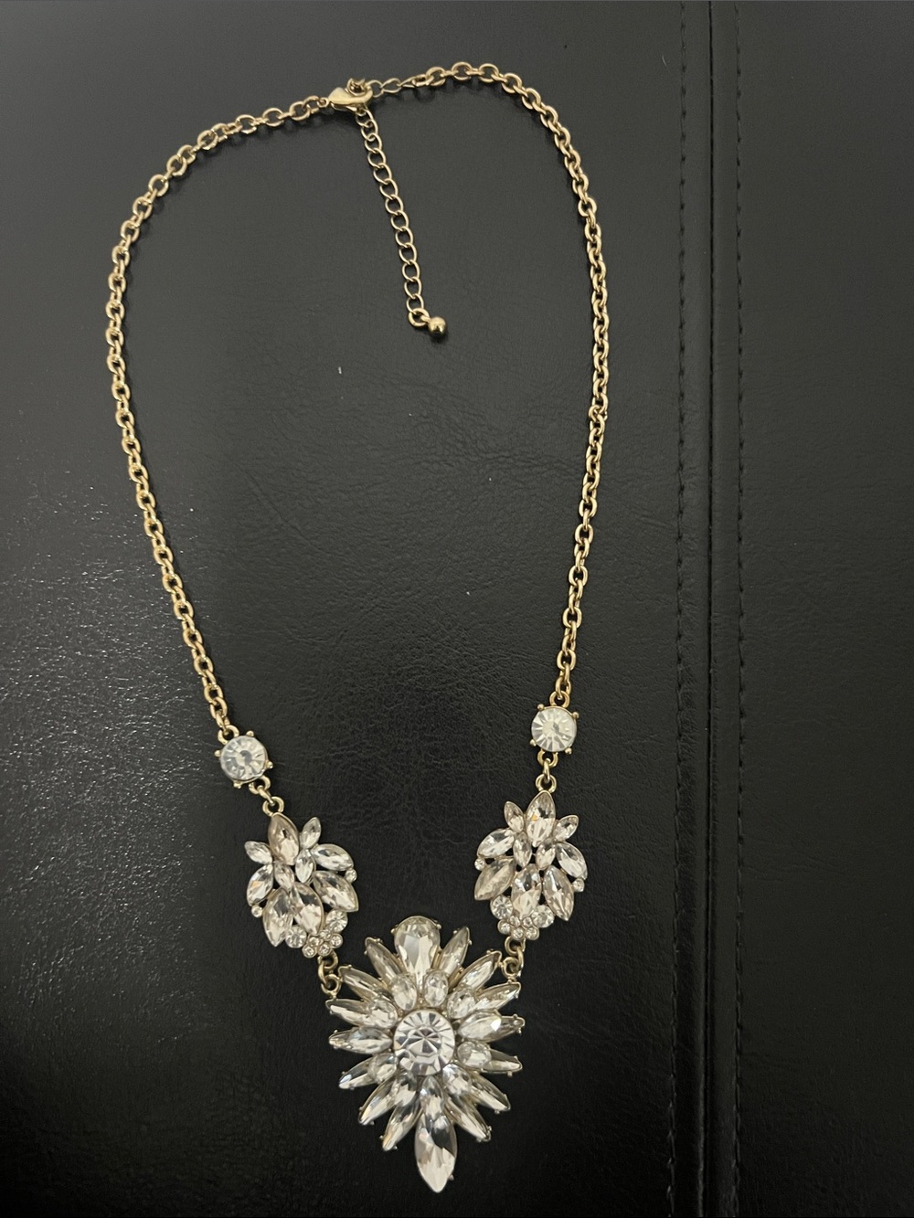 Gold-Tone Crystal Statement Necklace - Clear Crystal Floral Pendant - Picture 5 of 5